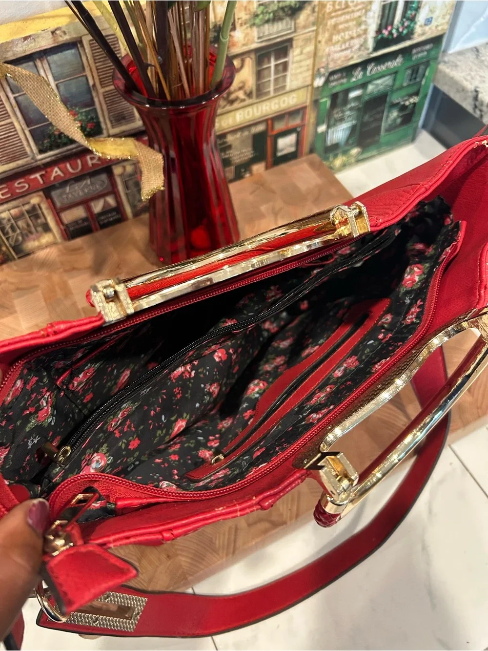 Red Leather Tote Bag with Gold Hardware - Brand Unspecified